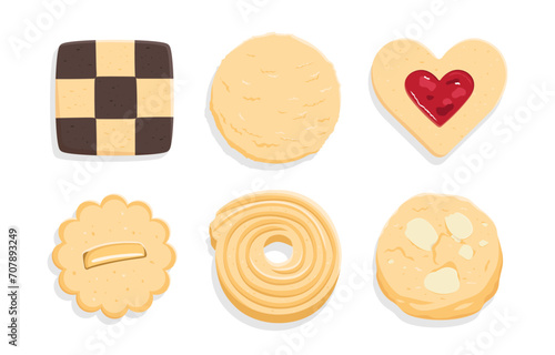 Top view of assorted traditional butter cookies, checkboard cookie, heart shape jam cookie, almond chocolate cookie, raisin cookie, round cookie,  swirl cookie (ID: 707893249)