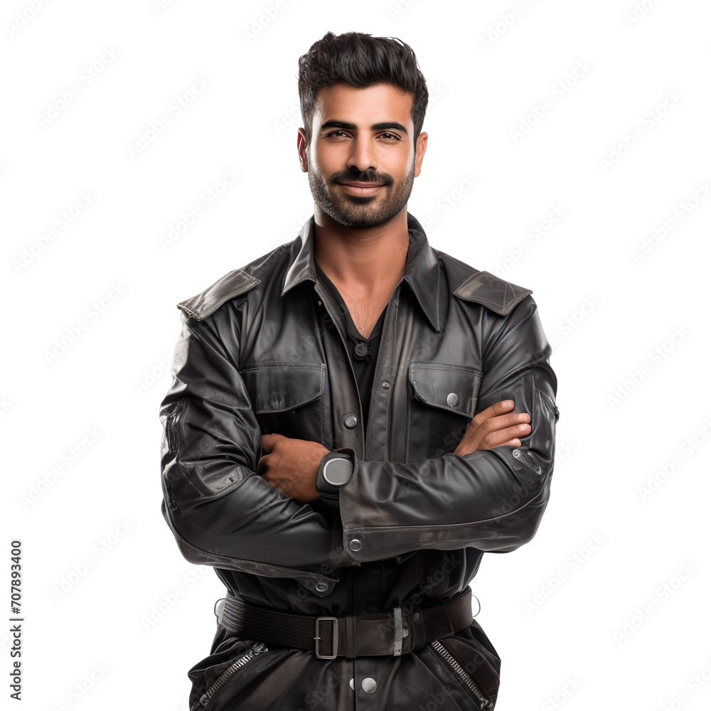 Front view of an extremely handsome Indian male model dressed as a Welder smiling with arms folded, isolated on a white transparent background Front view of an extremely handsome Indian male model dressed as a Welder smiling with arms folded, isolated on a white transparent background