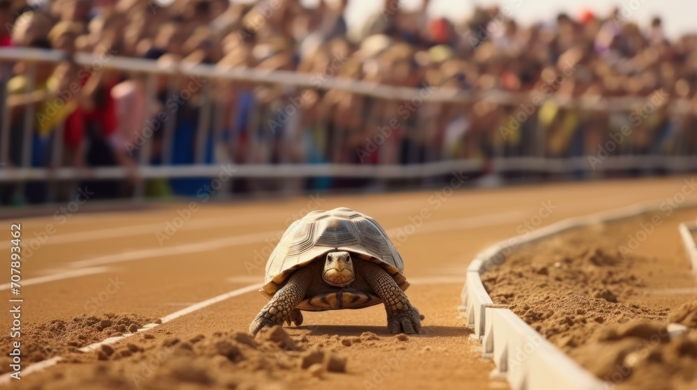 Tortoise winning the race, turtle walking down a red track in a concept of racing or getting to a goal no matter how - obrazy, fototapety, plakaty 