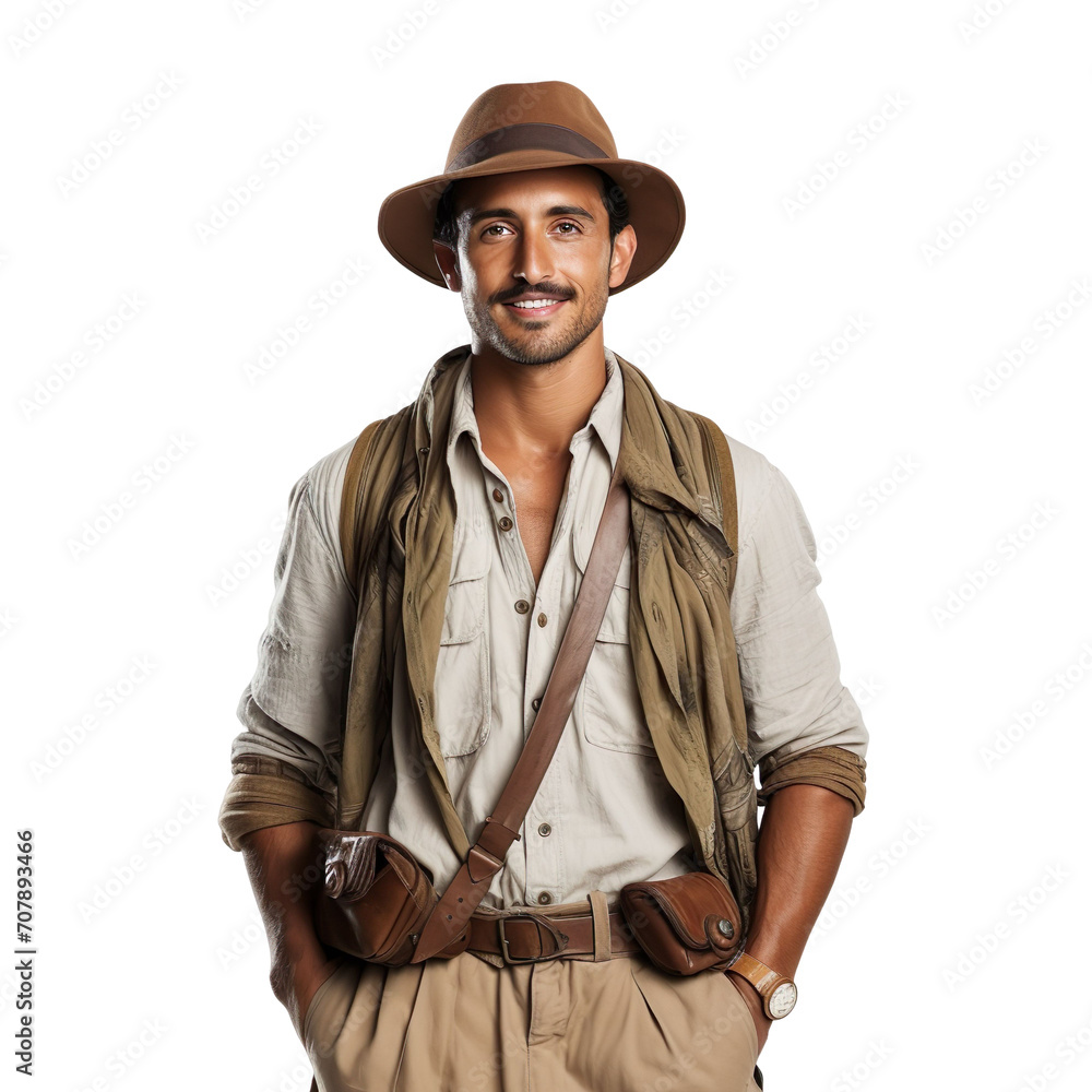 Front view of an extremely handsome Indian male model dressed as a Archaeologist smiling with arms folded, isolated on a white transparent background Front view of an extremely handsome Indian male model dressed as a Archaeologist smiling with arms folded, isolated on a white transparent background