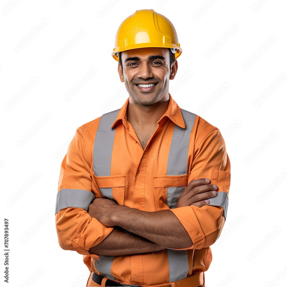 Front view of an extremely handsome Indian male model dressed as a Electrician smiling with arms folded, isolated on a white transparent background Front view of an extremely handsome Indian male model dressed as a Electrician smiling with arms folded, isolated on a white transparent background
