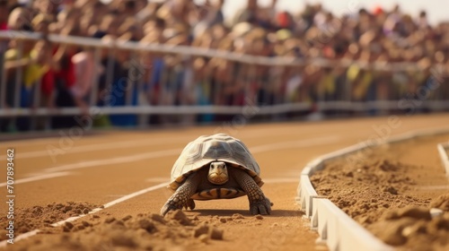 Tortoise winning the race, turtle walking down a red track in a concept of racing or getting to a goal no matter how photo