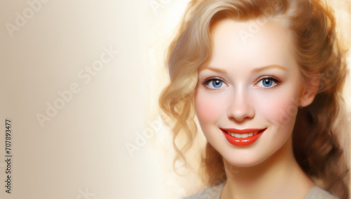 A beautiful young woman against a light beige background, Website main page, template, Beauty site or skincare concept with plain copy space and example text