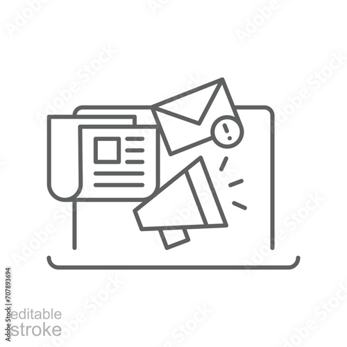 News content icon. Simple outline style. Media announce, newsletter update, digital press, coverage, laptop with megaphone concept. Thin line symbol. Vector illustration isolated. Editable stroke.