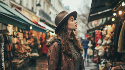 A young woman with long hair smiles happily as she walks through the streets of a foreign capital, vintage, street photos of a female traveler