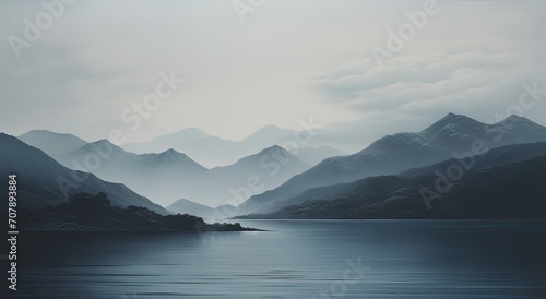 The image of a calm and serene lake reflects the surrounding mountains and sky  offering a serene  textural backdrop