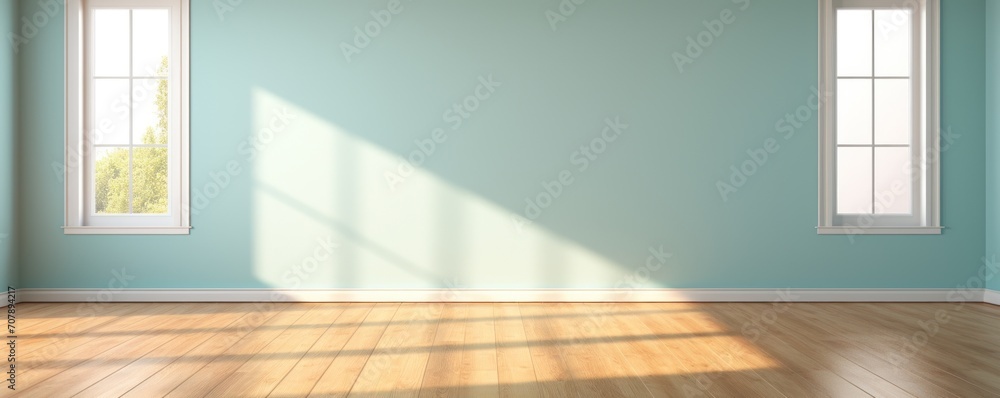 Light aquamarine wall and wooden parquet floor, sunrays and shadows from window - obrazy, fototapety, plakaty 