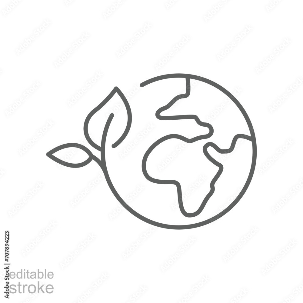 Green earth planet icon. Simple outline style. World ecology, globe with leafs, eco environment logo, save nature concept. Thin line symbol. Vector illustration isolated. Editable stroke. Green earth planet icon. Simple outline style. World ecology, globe with leafs, eco environment logo, save nature concept. Thin line symbol. Vector illustration isolated. Editable stroke.