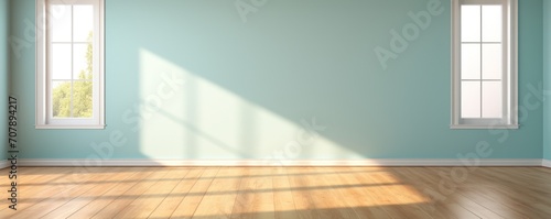 Light aquamarine wall and wooden parquet floor, sunrays and shadows from window