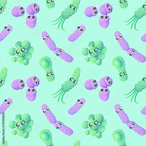 Seamless pattern with cartoon bacteria and germ characters.