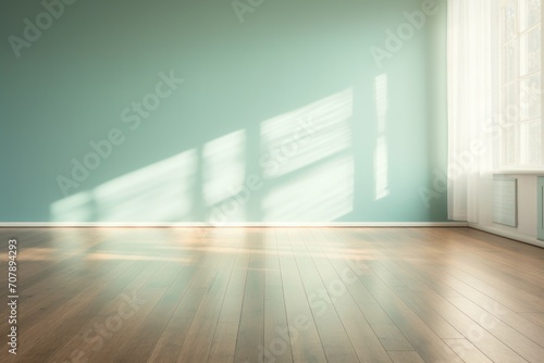 Light azure wall and wooden parquet floor, sunrays and shadows from window