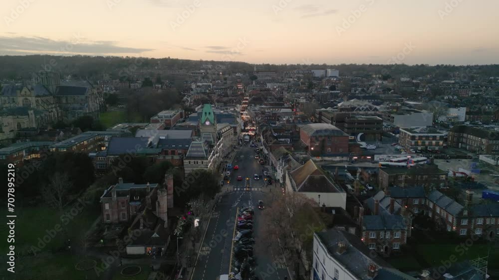 Winchester aerial view, City High street early evening drone shot Winchester aerial view, City High street early evening drone shot