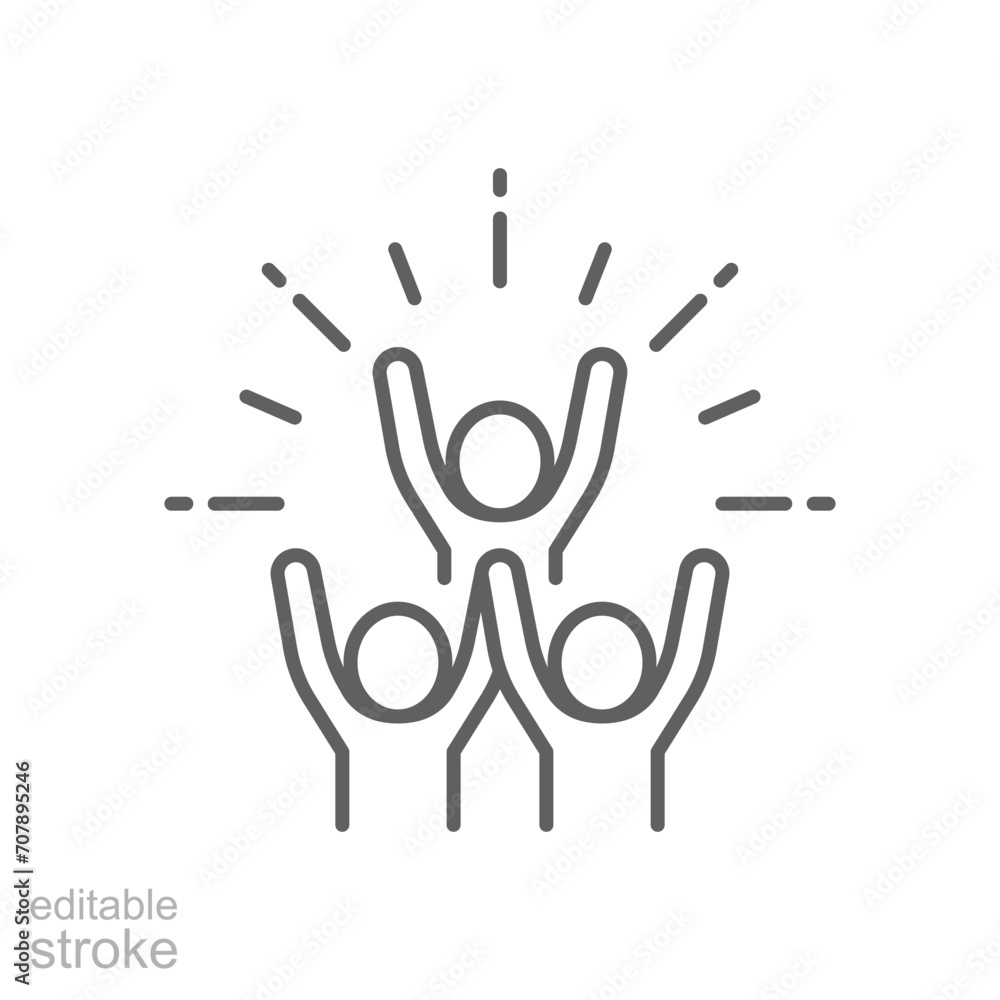 Obraz premium Group happy people icon. Simple outline style. Active kid, joy, fun team, enjoy, fan, freedom concept. Thin line symbol. Vector illustration isolated. Editable stroke.