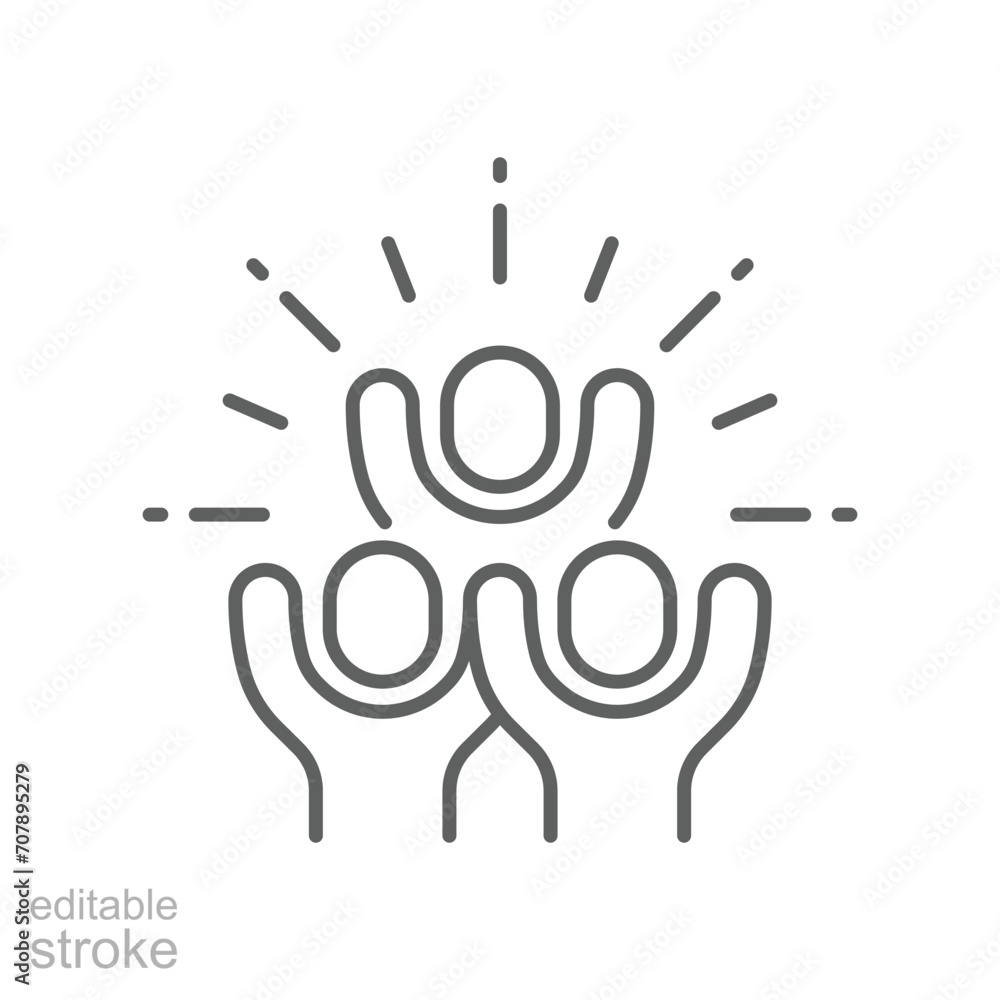 Obraz premium Group happy people icon. Simple outline style. Active kid, joy, fun team, enjoy, fan, freedom concept. Thin line symbol. Vector illustration isolated. Editable stroke.