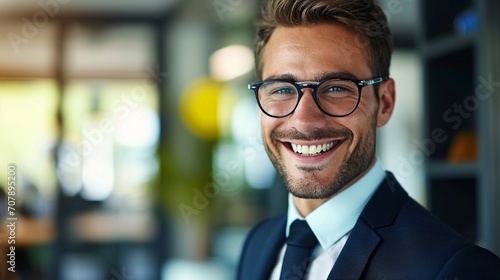 A genuine moment captured in high definition  featuring a businessman with a warm smile in his office  radiating positivity and confidence