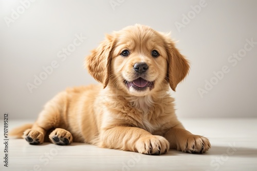 Cachorro golden retriever, echado, sacando la lengua, mirando a cámara, sobre fondo blanco