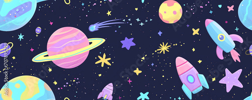Repeating pattern with cartoon rockets  balloons   flying across a starry night sky  space pattern  kids wallpaper
