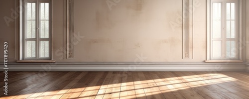 Light ebony wall and wooden parquet floor  sunrays and shadows from window