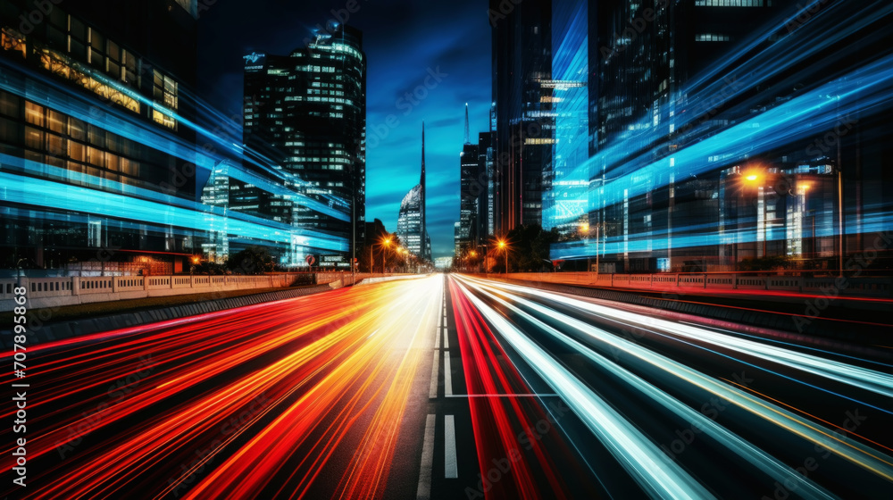 Long exposure photo of a night road in a metropolis. Nighttime atmospheric light from cars. Generative AI