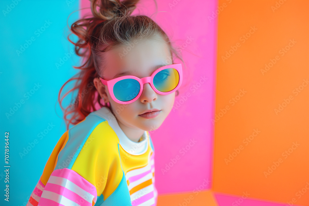 Stylish Little girl in big glasses from the 80s against geometric backdrop. Girl with funny glasses. Portrait of a young girl pulling funny faces with pink glasses on. Stylish Little girl in big glasses from the 80s against geometric backdrop. Girl with funny glasses. Portrait of a young girl pulling funny faces with pink glasses on.