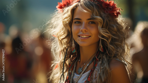 Sunlit Bohemian Elegance: Young Woman Embracing Festival Vibes in Golden Hour - Serene, Natural Beauty with Floral Adornments, AI-Generated © PixelFusion Creation