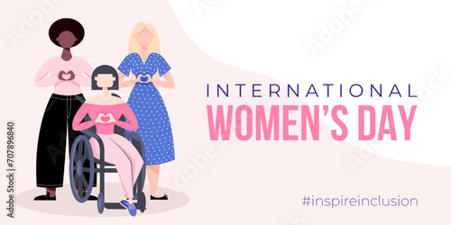 International Women's Day banner, poster. Inspire inclusion campaign. Group of women in different ethnicity, age, body type, abilities, hair color and more. Vector illustration in flat style.