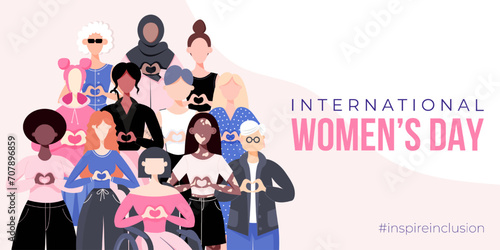 International Women's Day banner, poster. Inspire inclusion campaign. Group of women in different ethnicity, age, body type, abilities, hair color and more. Vector illustration in flat style.