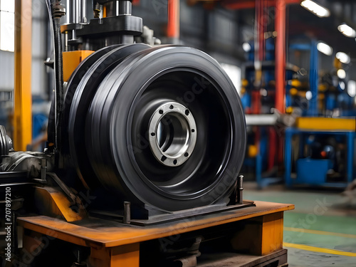 Closeup rubber tire manufacturing machine spinning in automotive manufacture. Modern technological automobile tyre production process at mechanical factory © Ada