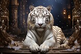 A mysterious white tiger photo, a white tiger decorated with gold and a powerful image, symbolizing good fortune and fortune.
generative ai
