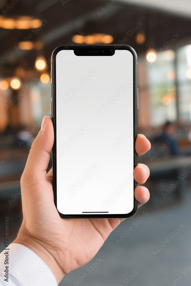Male hand holds a smartphone with a white screen in a coffee shop Male hand holds a smartphone with a white screen in a coffee shop