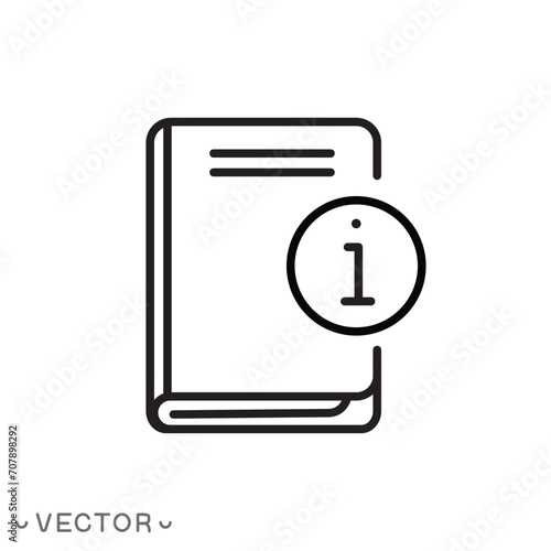 information book icon, info manual or brochure, guide user, helpdesk, line symbol isolated on white background, editable stroke eps 10 vector illustration
