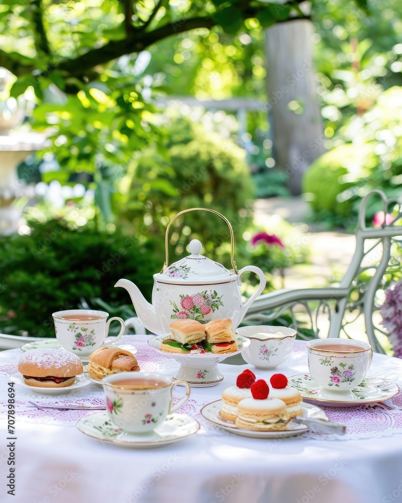 A beautifully set afternoon tea table for two, with heart-shaped scones, petite sandwiches, and a vintage teapot, in a garden setting