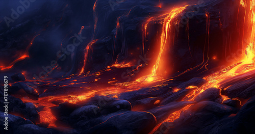 a image showing lava flowing from volcano over rocks