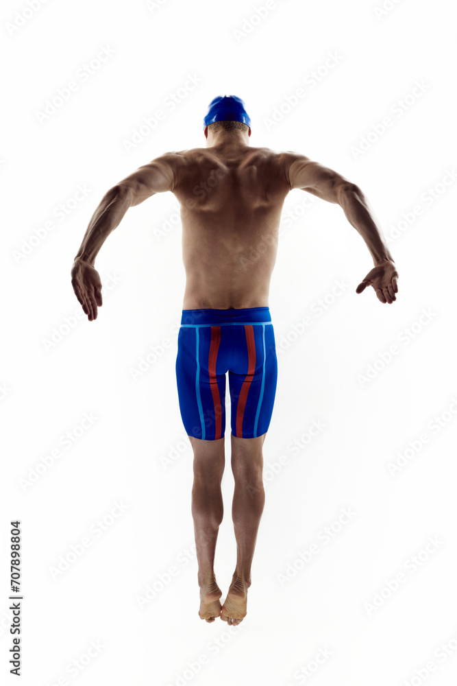 Swimming Techniques. Demonstrating upper body technique and form used in competitive swimming strokes. Muscular male athlete on white background. Aquatic sports, competition, sport education Swimming Techniques. Demonstrating upper body technique and form used in competitive swimming strokes. Muscular male athlete on white background. Aquatic sports, competition, sport education
