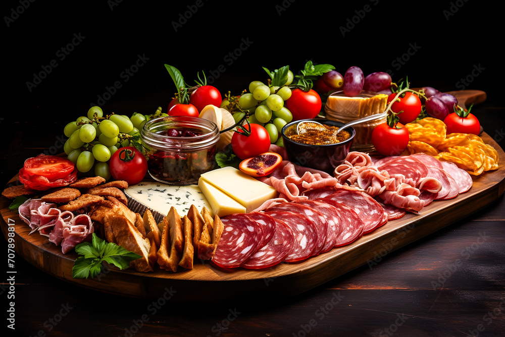 Snacks with various meat snacks, cheese, figs, grapes on a wooden plate. Cheese plate