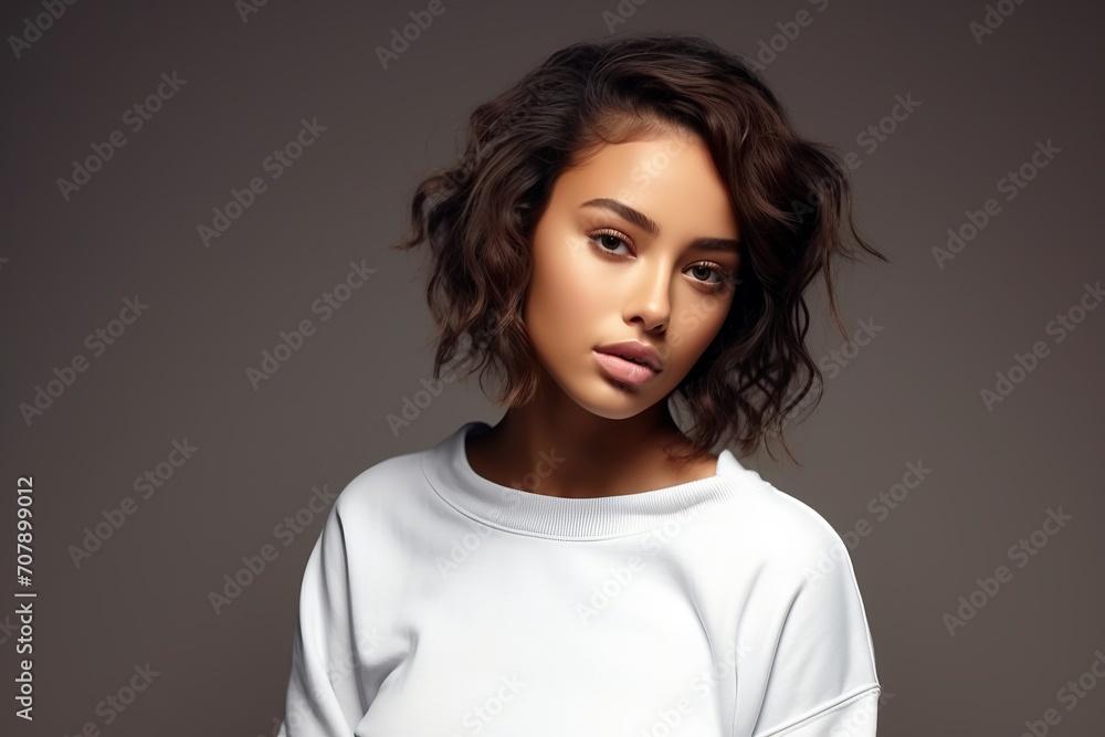 Portrait Beautiful Model in Embroidered Sweatshirt Portrait Beautiful Model in Embroidered Sweatshirt