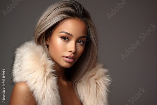 Portrait Beautiful Model in Faux Fur-Trimmed Coat