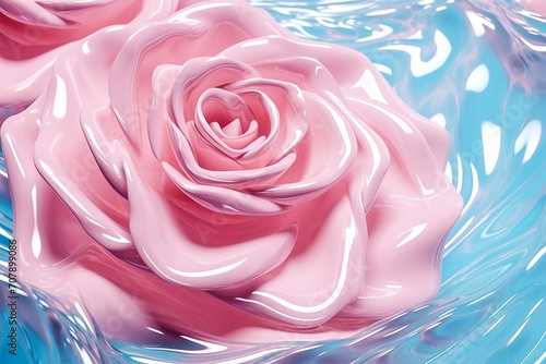 Blue  aqua texture with pink  rose flower  surface of ripples  transparent    shadows   generative ai