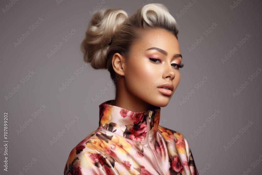 Portrait Beautiful Model in Floral Print Jacket Portrait Beautiful Model in Floral Print Jacket