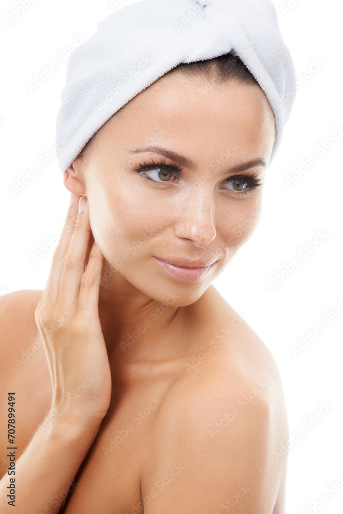 Woman thinking, white background or skincare in studio for wellness with cosmetics, towel or glow. Facial dermatology, confident person or healthy model touching face or beauty results isolated alone Woman thinking, white background or skincare in studio for wellness with cosmetics, towel or glow. Facial dermatology, confident person or healthy model touching face or beauty results isolated alone