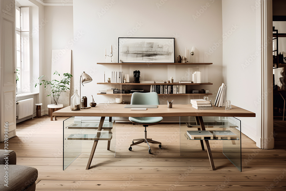 Trendy workplace with wooden  table in home scandi interior, generative ai