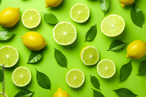 Multicolored background with colorful citrus,  lemon with  leaves, generative ai