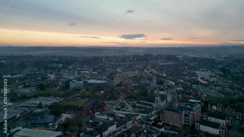 Salisbury early morning sunrise aerial shot of the centre Salisbury early morning sunrise aerial shot of the centre