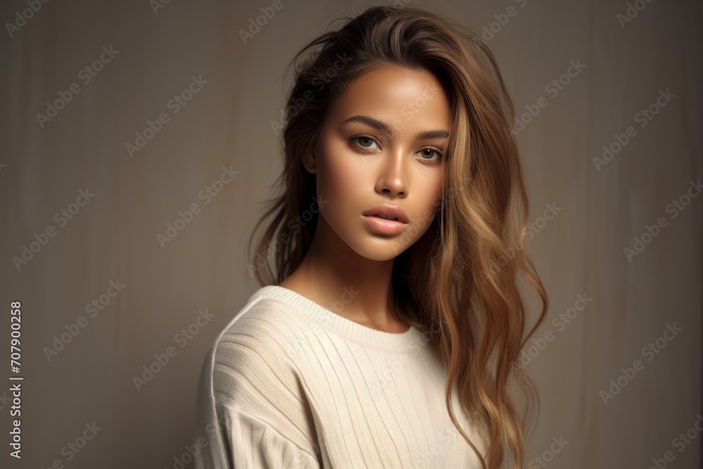 Portrait Beautiful Model woman an pocketed jumper Portrait Beautiful Model woman an pocketed jumper