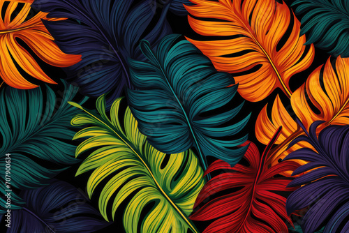Tropical leaves in a bright coloured pattern
