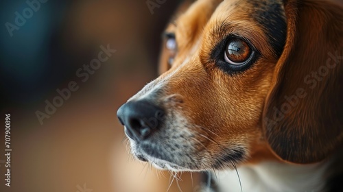 Close-up of a beagle with a soft gaze in a warm golden light. © maniacvector