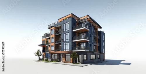 6 story apartment building modern design, construction of a building, house on the roof