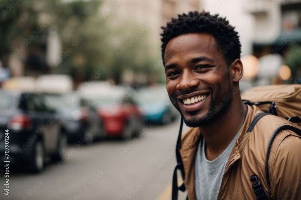 Portrait of black man tourist in city.