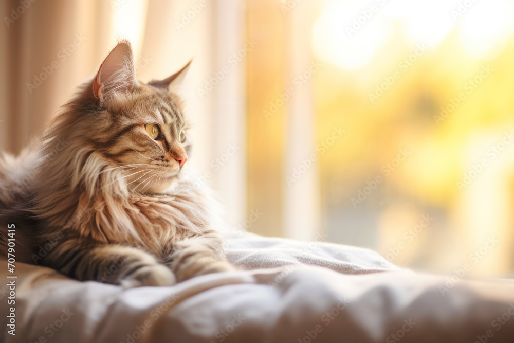 Φωτογραφία A cute tabby cat lounging by the window, gazing lazily into the room, creating a cozy and adorable domestic scene