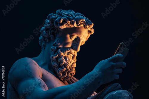 Beautiful ancient Greek god sculpture using a modern phone. with phone screen light on his face, pop art style. black background copy space